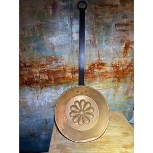Vintage Copper Hearth Pan Decor Long Iron Handle Embossed Flower 24.5in